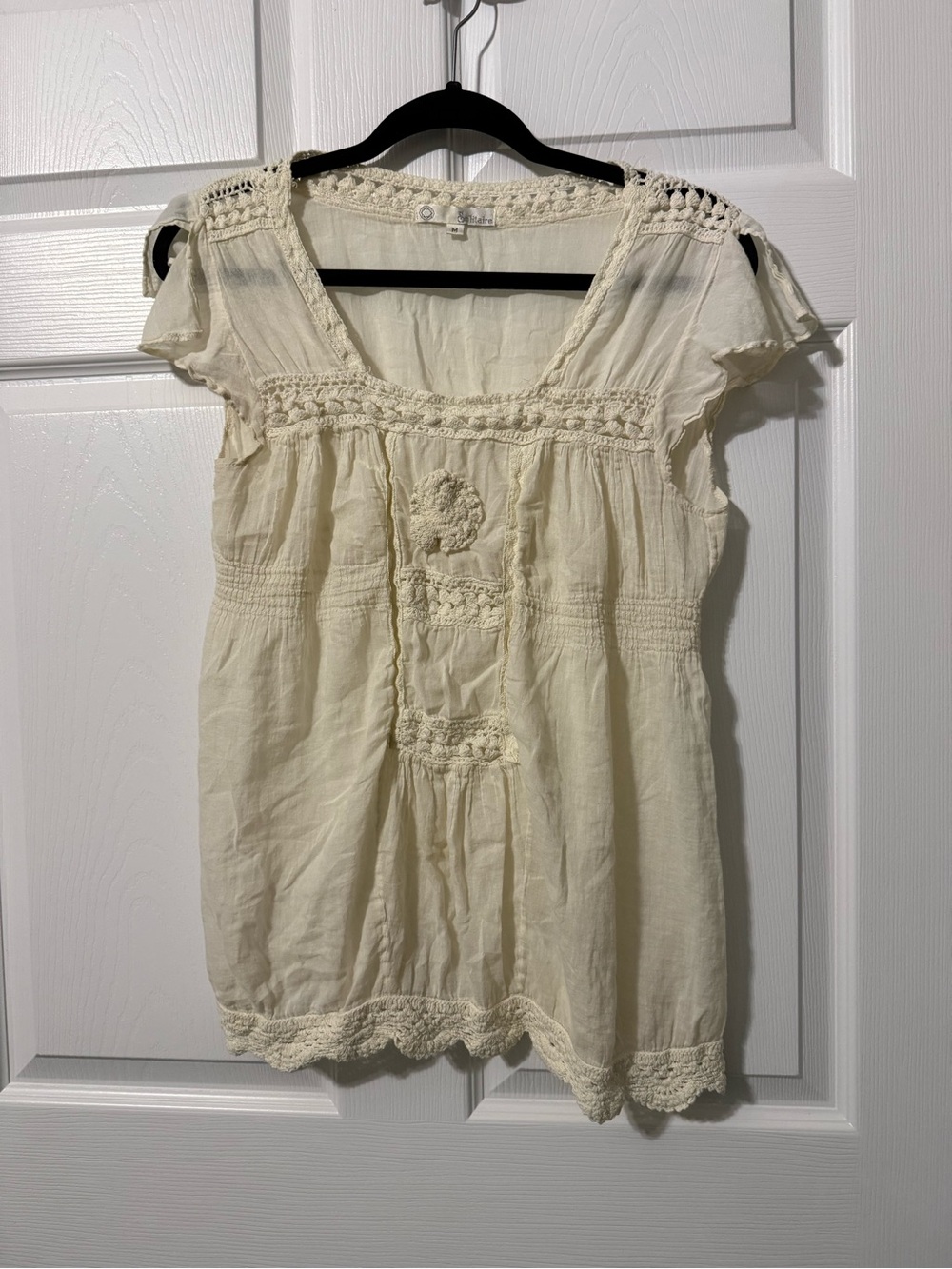 Anthropologie Solitaire Cream Crochet-Trim Cotton Peasant Top- M - Picture 2 of 7